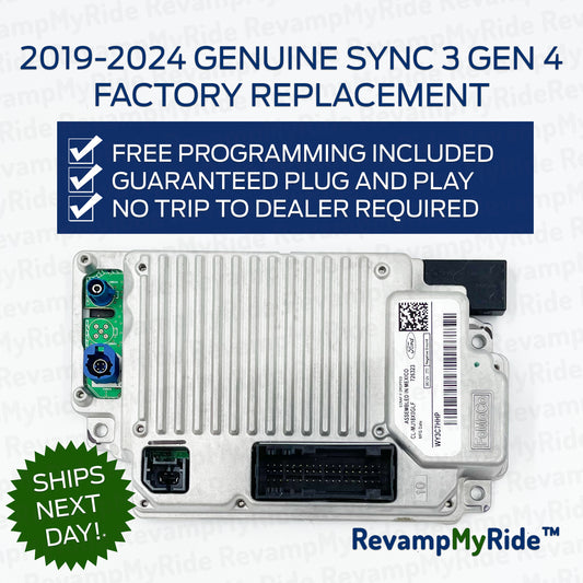 Car electronic module with promotional text for 2019-2024 Genuine Sync 3 Gen 4 replacement, free programming included, guaranteed plug and play.